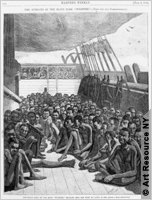 Drawing of enslaved Africans crowded together on ship deck (Schomburg Center/Art Resource NY)