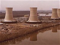 Photo of nuclear power plant cooling towers on Three Mile Island