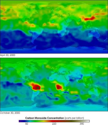 TERRA mission: MOPITT global map of carbon monoxide concentrations
