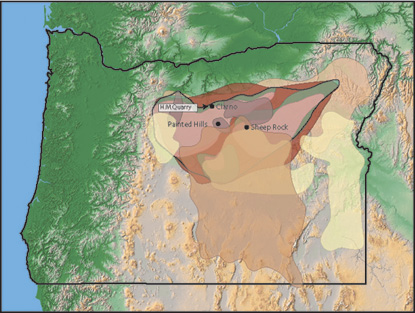 Image of a map of Oregon with the geological formations shown in different colors.