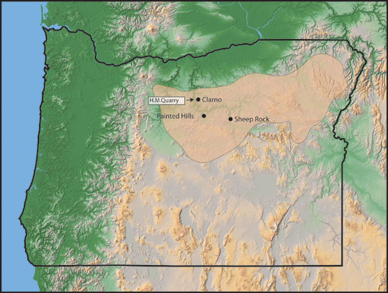 Image of Oregon map with clarno  rocks highlighted in color.