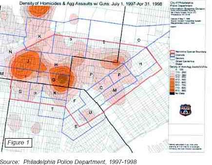 Hot Spot Map of Homicides and Aggravated Assaults with Guns - Source: Philadelphia Police Department 1997 - 1998