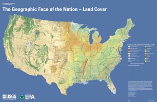 Image of a map showing the patterns and amounts of the land cover spanning the conterminous United States.