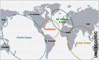 يوجود مركز الإنذار بالتسونامي في المحيط الهادئ  والهندي ، والبحر الكاريبي ، وشمال شرقي المحيط الأطلسي والبحر الأبيض المتوسط منذ 1965.