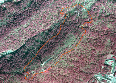 Red aerial map of Hot Springs National Park, with the Hot Springs Mountain Trail highlighted in orange