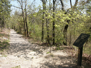 Early spring shot of gravel tree lined trail on left side with the brown trailhead sign on a post of the right