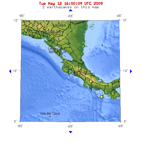 10-degree map showing recent earthquakes