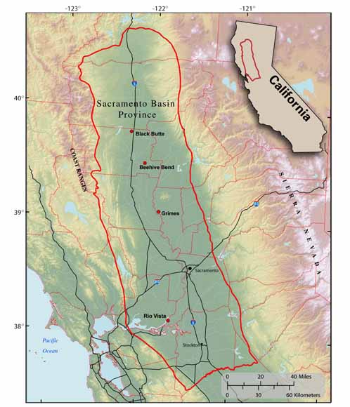 map of the Sacramento Basin with San Francisco Bay just outside the basin in the lower left and Lake Shasta just outside the basin at the top