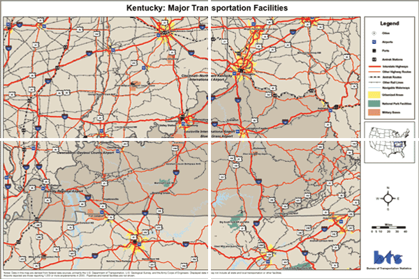 Kentucky: Major Transportation Facilities. If you are a user with a disability and cannot view this image, please call 800-853-1351 or email answers@bts.gov for further assistance.