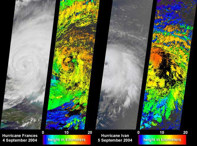 Hurricane Frances shown in left two panels; Hurricane Ivan in right -- click to see full image