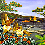 Block print by Dietrick Varez of a woman and a girl strumming their ukuleles and watching lava in the crater.