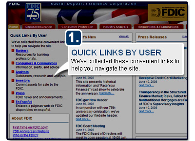 1 - Quick Links by User Screenshot of the fdic.gov home page with the Quick Links by User box highlighted.