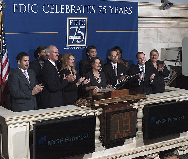 FDIC Chairman Bair, accompanied by FDIC staff, rings the Opening Bell of the New York Stock Exchange.