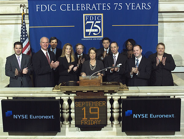 FDIC Chairman Bair, accompanied by FDIC staff, rings the Opening Bell of the New York Stock Exchange.