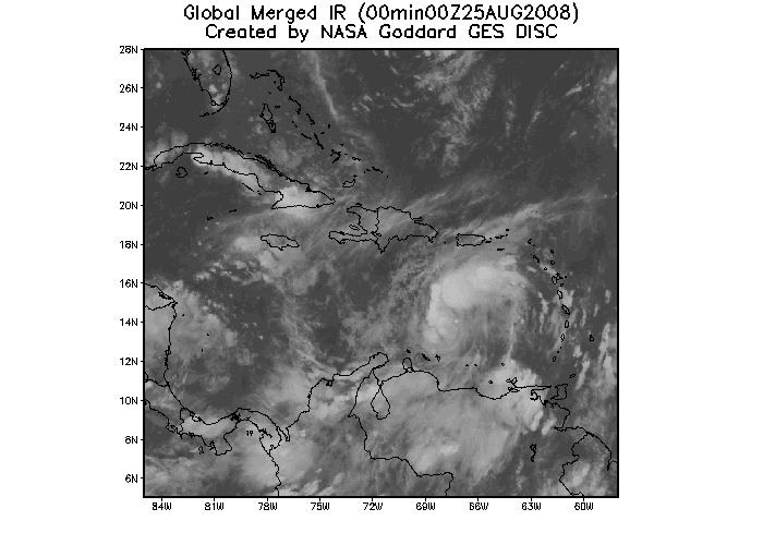 Tropical Storm Gustav TRMM Merged IR data on 2008-08-25