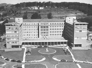 A black and white aerial  photo of the Public Health Service Hospital in the 1950s.