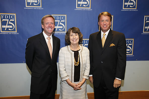 FDIC Chairman Sheila Bair with Craig Donahue, CEO of CME Group and Terry Duffy, chairman of the board at CME Group.