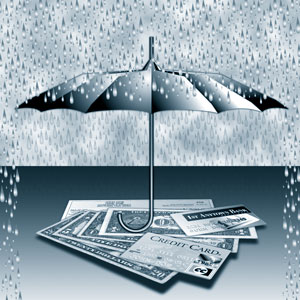 Illustration of a an umbrella protecting the cash, checks, and credit cards under it from the rain.