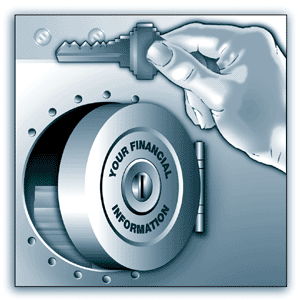 Graphic image of a person's hand holding a key next to a safe door with "Your Financial Information" printed on the lock.