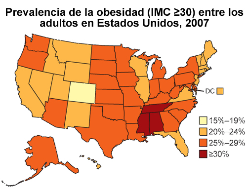 Prevalencia de la obesidad (IMC ≥30) entre los adultos en Estados Unidos, 2007