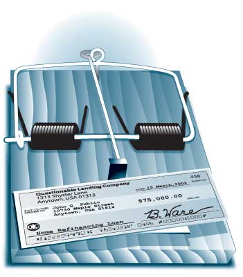 Illustration of a mousetrap with a bank check on top of it.