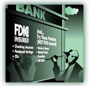 Image of a man painting "FDIC Insured, Checking Accounts, Passbook Savings, CDs,And... Try These Products (Not FDIC-Insured, Stocks and bonds, Mutual Funds, Annuities, Life Insurance" on a bank window
