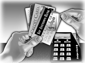 Illustration of a person selecting from several credit cards they have in their hand. An electronic credit/debit card machine is on a counter in front of them.