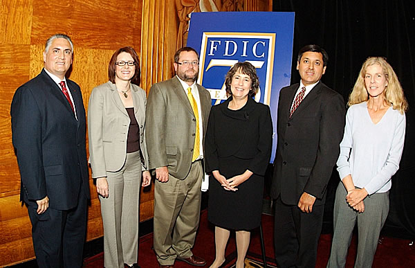 FDIC Chairman Bair with Panelists Victor Ramirez, Martha Lucey, Eric Weaver,   Treasurer José Cisneros, and San Francisco Chronicle columnist Kathleen Pender.