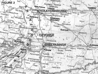 Figure 2. Map showing location of Ozyorsk in relation to Chelyabinsk and Yekaterinburg