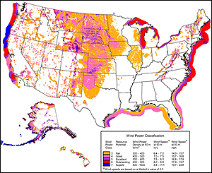 A wind resource map of the United States. Click on this map to go to more wind maps.