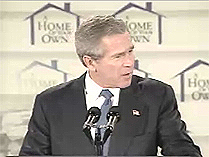 Picture of President Bush speaking at the celebration for signing of the American Dream Downpayment Initiative into law.