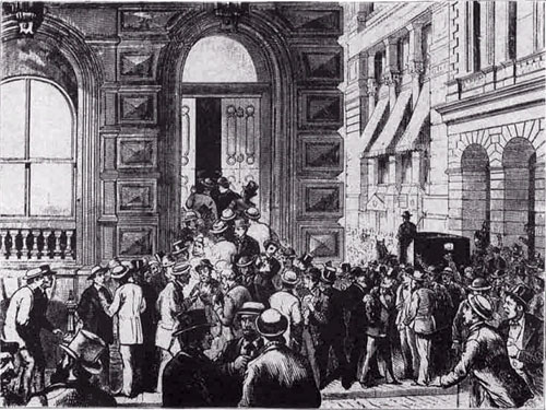 Worried depositors gather outside a failed New York City banking house in the late 1800s.