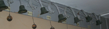 Row of bells in the Old House kitchen called the enunciator system; used by family members to get the attention of the servants