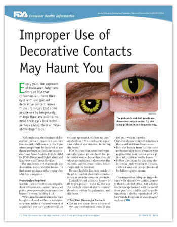 Image of the first page of the printer-friendly PDF version of this article, including two close-up photos of people wearing  decorative contact lenses.