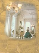 Photograph of a costumed interpreter in the white ballroom of Nottoway Plantation House