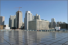 Photo of the roof of the Moscone Convention Center in downtown San Francisco. The roof is covered with 30,000 square feet of PV panels. 