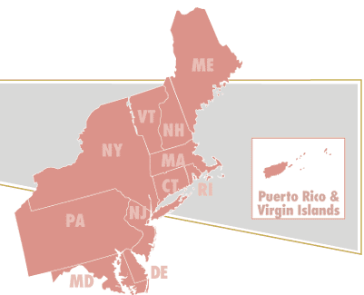 Boston/New York Region - Connecticut, Delaware, Maine, Maryland, Massachusetts, New Hampshire, New Jersey, New York, Pennsylvania, Puerto Rico, Rhode Island, Vermont, Virgin Islands