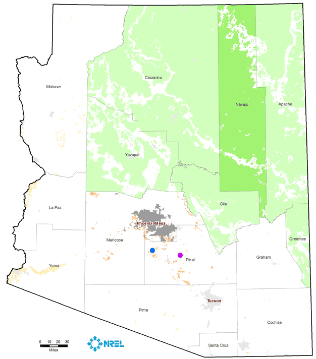 Map of the state of Arizona with colors indicating biomass production potential. Counties in the northeastern part of the state show fairly even distribution of 1-250 thousand biomass tonnes/year/county from forest and primary mill residues. The Phoenix area shows potential to produce 250-500 thousand biomass tonnes/year/county from urban wood and secondary mill residues.Follow the link to view the full size image.
