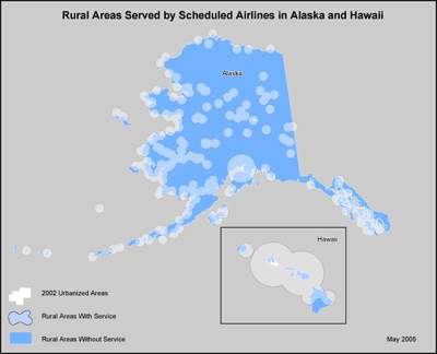 Rural Areas Served by Scheduled Airlines in Alaska and Hawaii. If you are a user with a disability and cannot view this image, please call 800-853-1351 or email answers@bts.gov for further assistance.