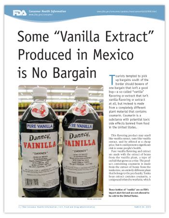 Cover page of PDF version of this article, including photo of a pair of two liter plastic bottles in a grocery store with dark brown liquid containing coumarin, a tonca bean extract related to warfarin, but falsely labelled Pure Vanilla.