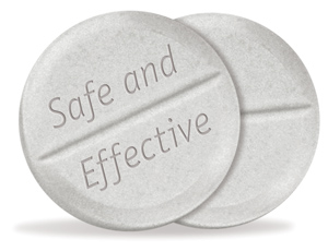 medicine tablets with the words safe and effective on them