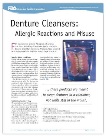Cover page of PDF version of this article, including photo of dentures in a glass of clear liquid.