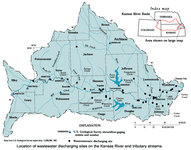 Map showing 
location of wastwater 
discharging sites on the Kansas River and tributary streams.