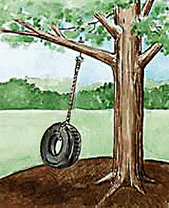Graphic of a tree with swinging tire on one of its branches.