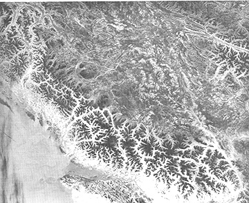 HCMM thermal night image of much of the mountain terrains of British Columbia; the Coast Range is the dark mountains - the Columbia Mountains are further east.. 