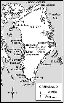 Map of Greenland showing inhabited villages.