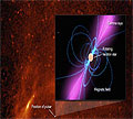 A red and black image of the pulsar from the Fermi space telescope and inset upon it an artists representation of the pulsar with blue magnetic field lines wrapping around it and the gamma ray pulses as a purple bipolar haze.