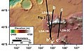 A reproduction of Fig. 1. (B) from Holt et al., Topography of study area in the region 44-46 degrees south and 102-107 degrees east on Mars, with MRO/SHARAD ground tracks shown for orbits 6830 partially cut off in this figure, 7219 (b-b'), and 3672 (c-c'). This shows the southernmost lobate debris apron which has multiple lobes that coalesce to form a continuous deposit extending more than 20 km outward from a massif along ~170 km of its margins. Surface features indicating viscous flow are numerous, including both longitudinal and transverse lineations.