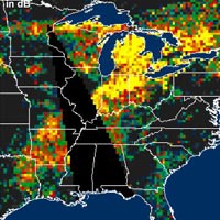 extensive pattern of rain water deposited by Hurricanes Katrina and Rita on land surfaces over several states in the southern and eastern United States