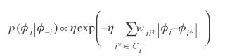 lowercase rho (lowercase phi subscript {lowercase i} vertical bar lowercase phi subscript {negative lowercase i}) is proportional to lowercase eta lowercase exp (negative lowercase eta times the summation from lowercase i asterisk is an element of uppercase c subscript {lowercase i} times lowercase omega subscript {lowercase i i asterisk} vertical bar lowercase phi subscript {lowercase i} minus lowercase phi subscript {lowercase i asterisk} vertical bar)